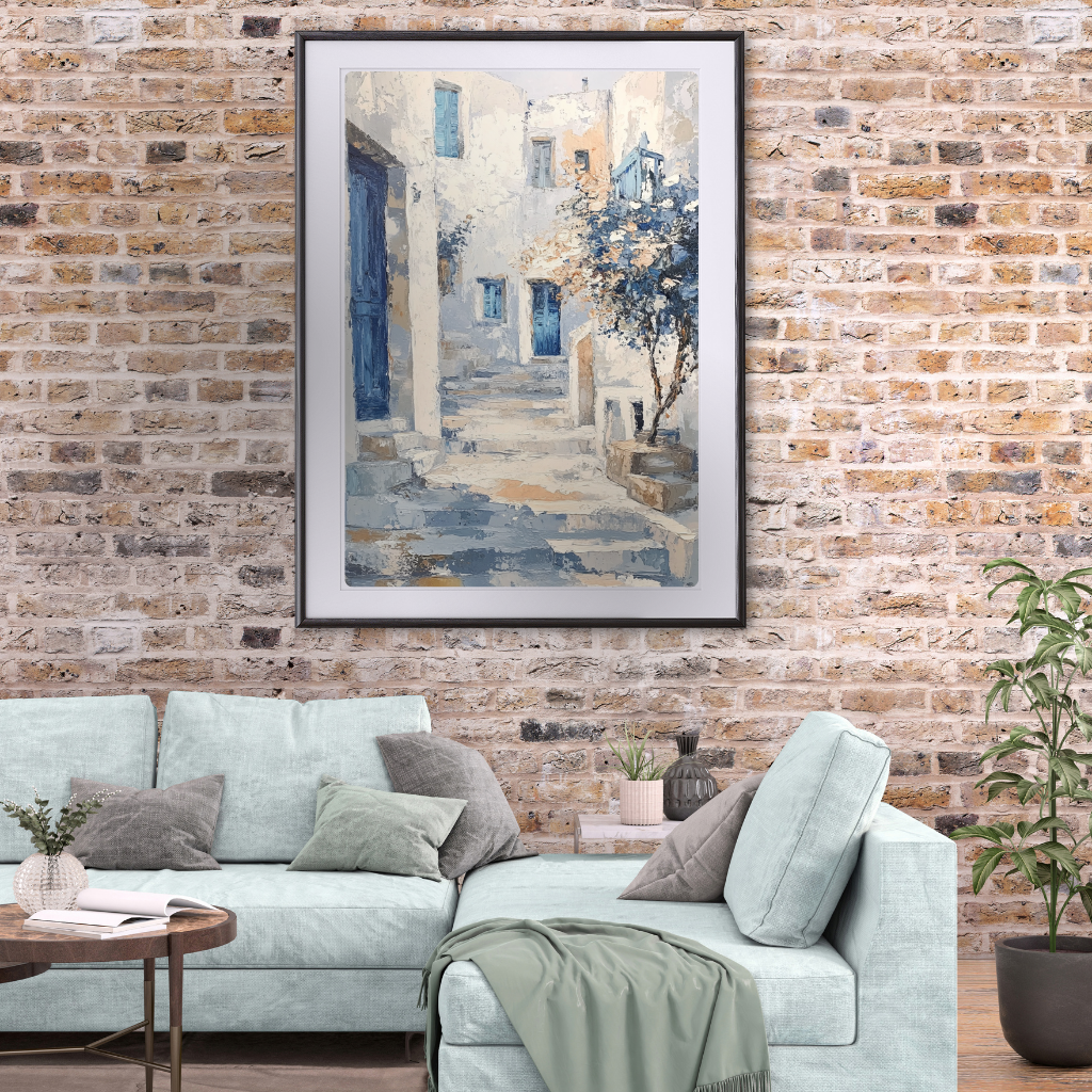 Aegean Stillness - Textured Coastal Village Abstract in White and Blue