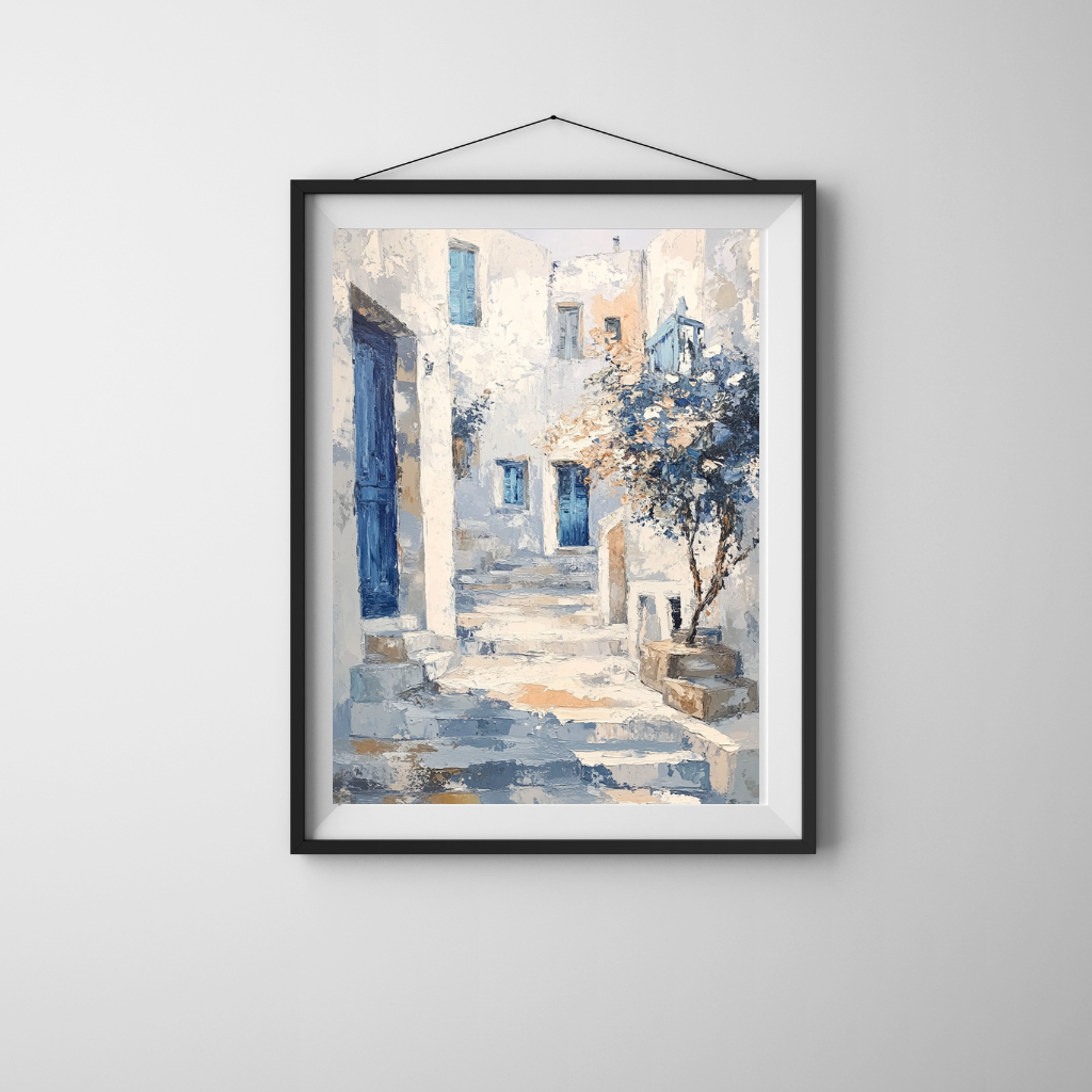 Aegean Stillness - Textured Coastal Village Abstract in White and Blue