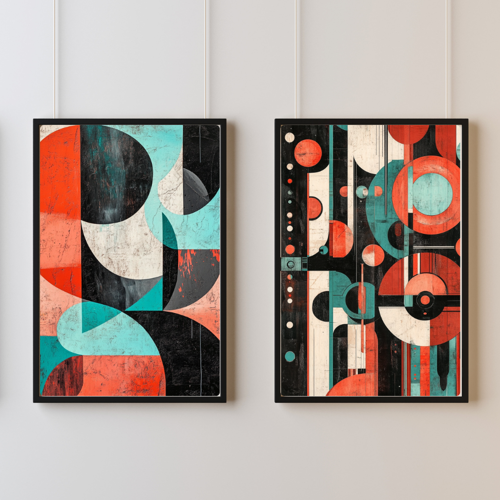 Atomic Bloom Duo - Geometric Floral Abstract Pair Art Print