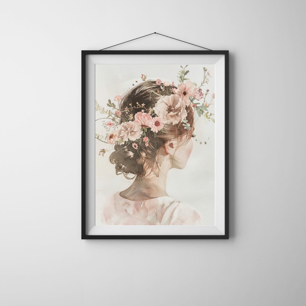Blushed Serenity – Soft Watercolor Silhouette with Blooming Hair