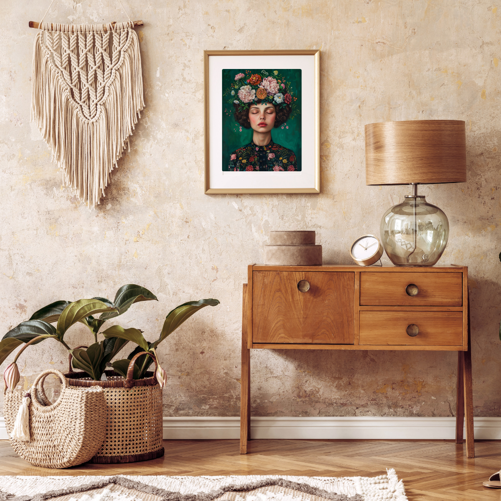 Crowned in Silence - Moody Oil Portrait with Cascading Peonies