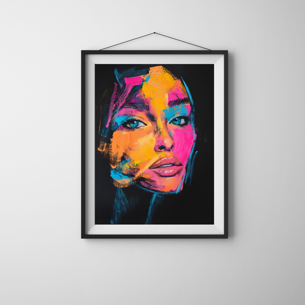 Electric Muse - Neon Expressionist Portrait on Black Canvas