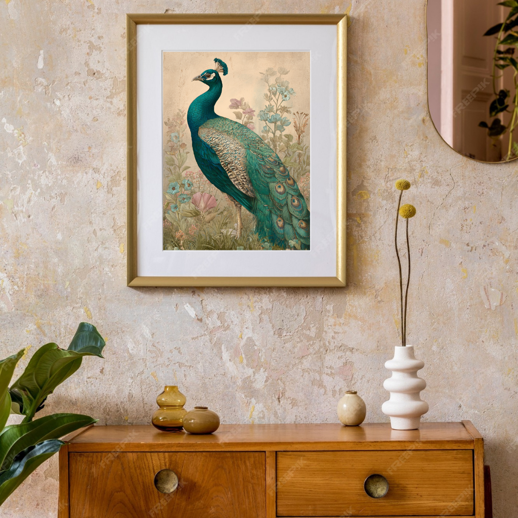 Garden Royalty - Vintage Peacock with Blooming Florals in Soft Earth Tones