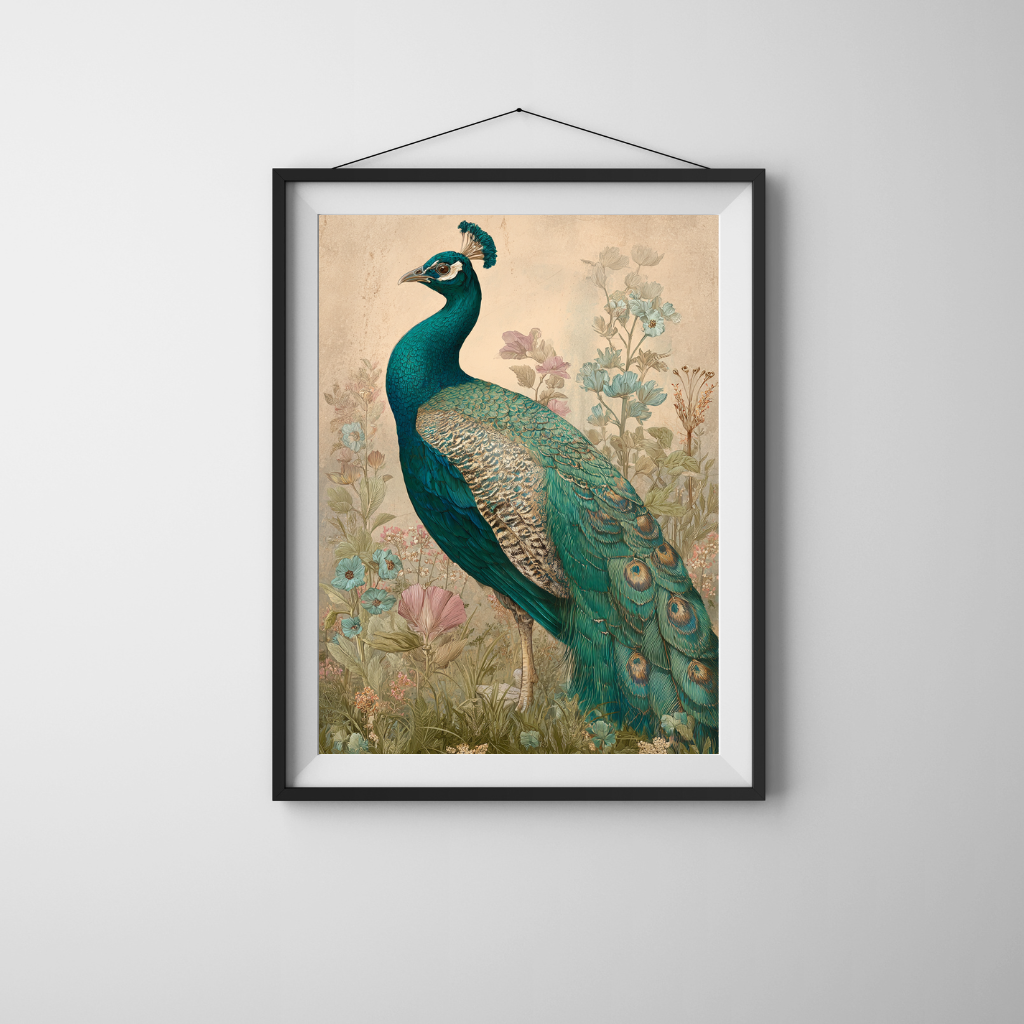 Garden Royalty - Vintage Peacock with Blooming Florals in Soft Earth Tones
