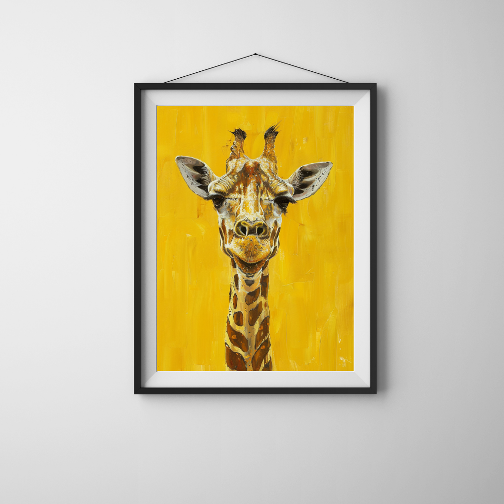 Giraffe in Mustard - Tall Animal Portrait with Warm Yellow Backdrop