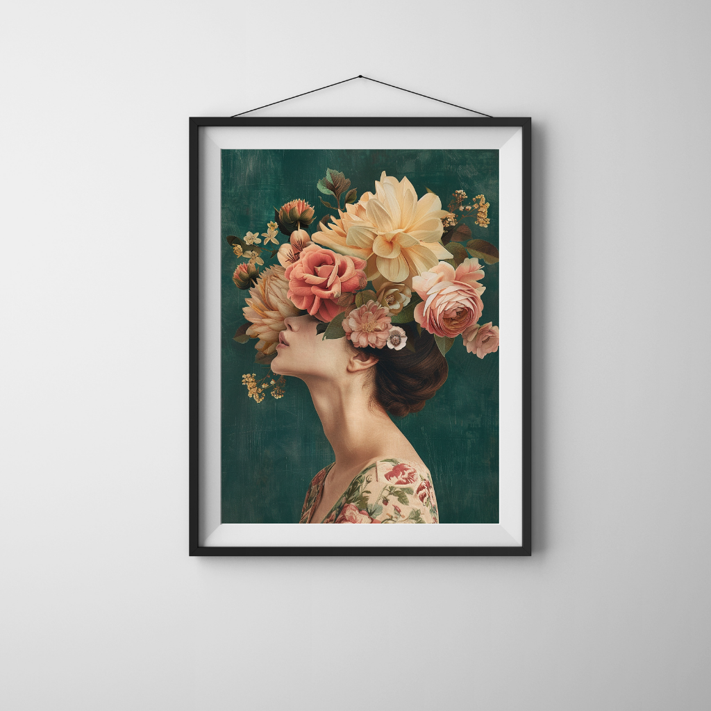 Golden Bloom - Elegant Woman with Blush & Gold Florals on Emerald