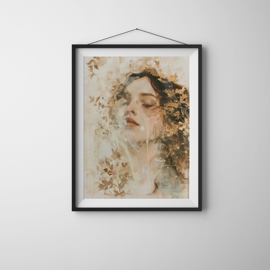 Golden Stillness - Feminine Portrait with Metallic Leaves and Neutral Texture