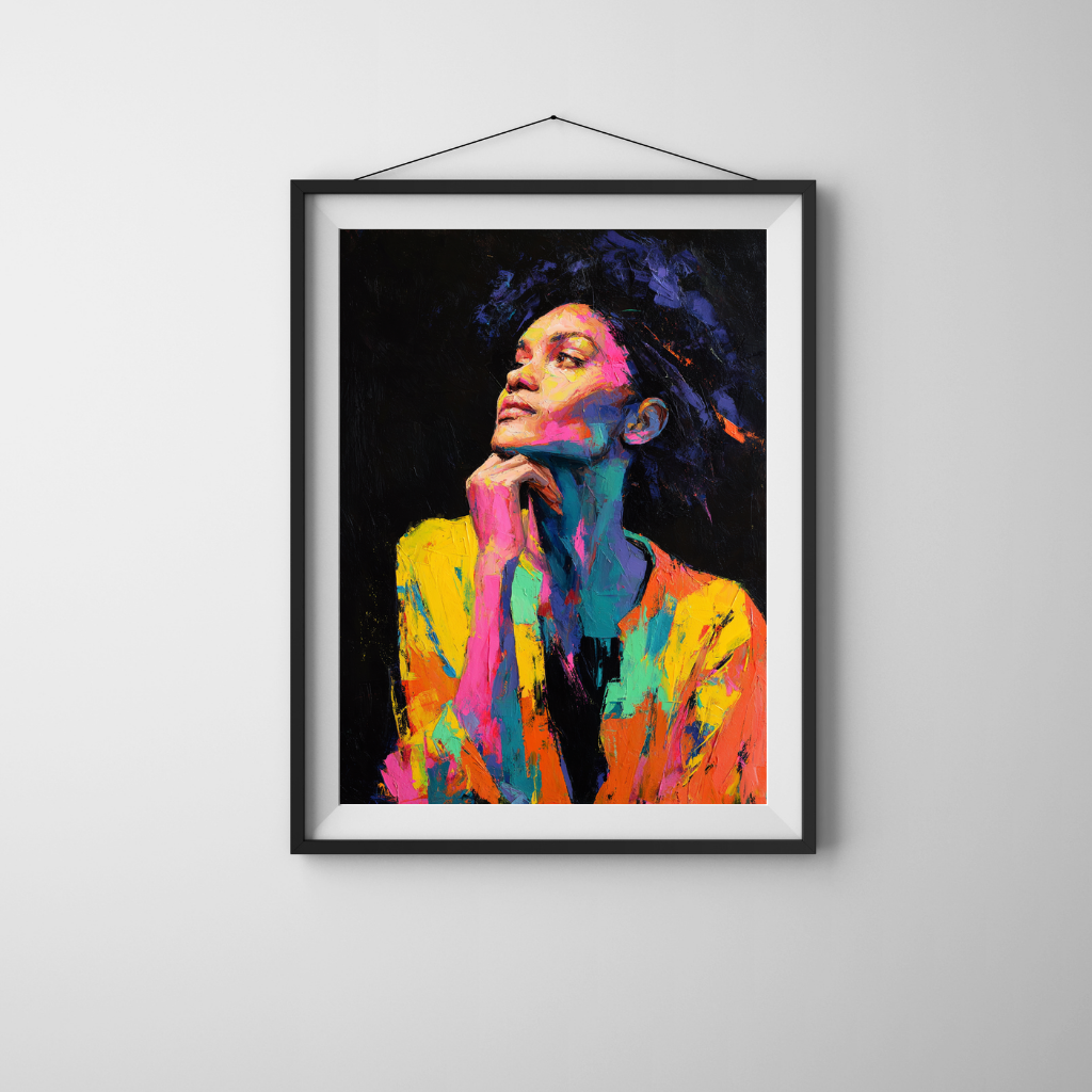 Inner Fire – Contemplative Neon Portrait on Black Canvas