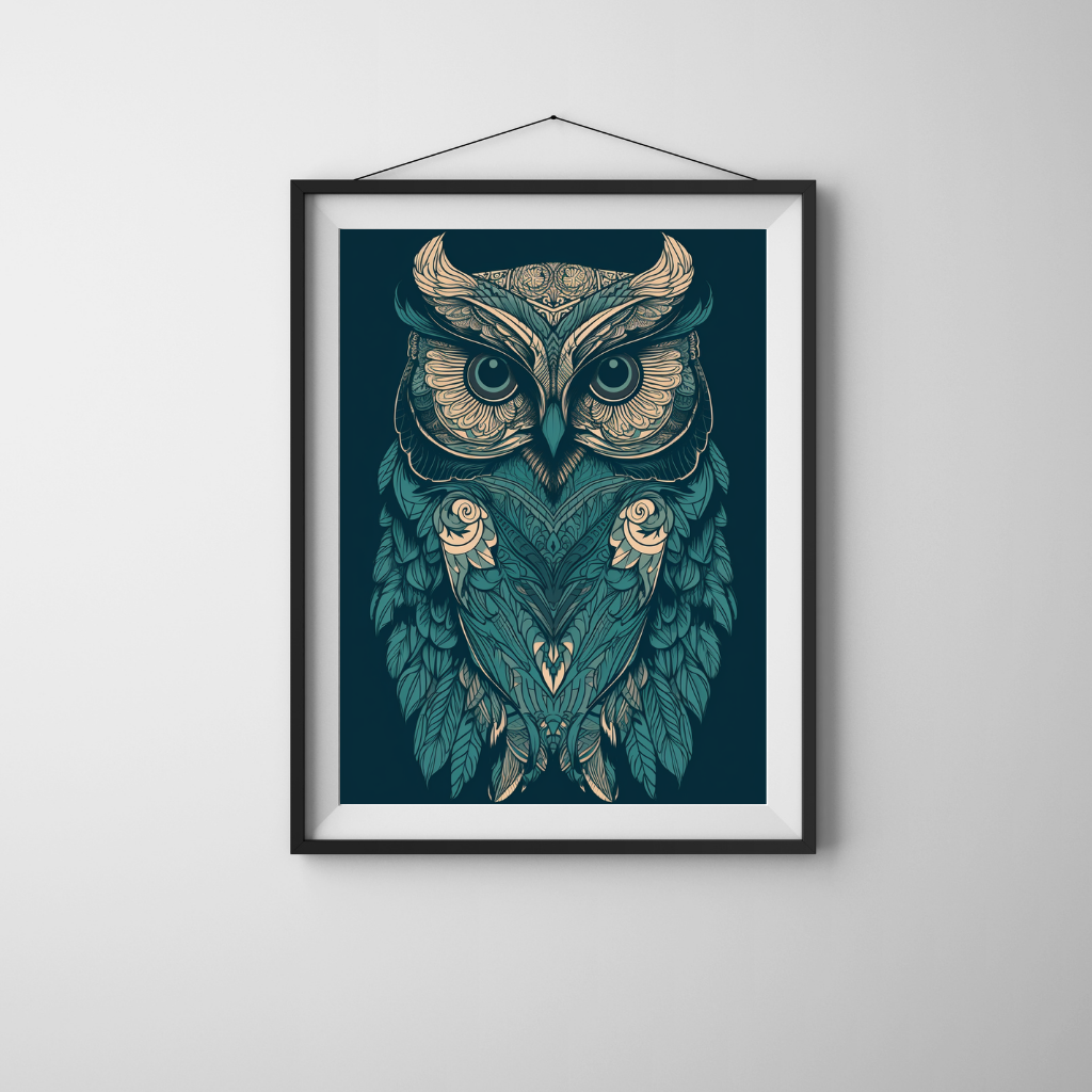 Nocturne Wisdom - Intricate Owl Illustration in Teal and Ivory on Midnight Blue