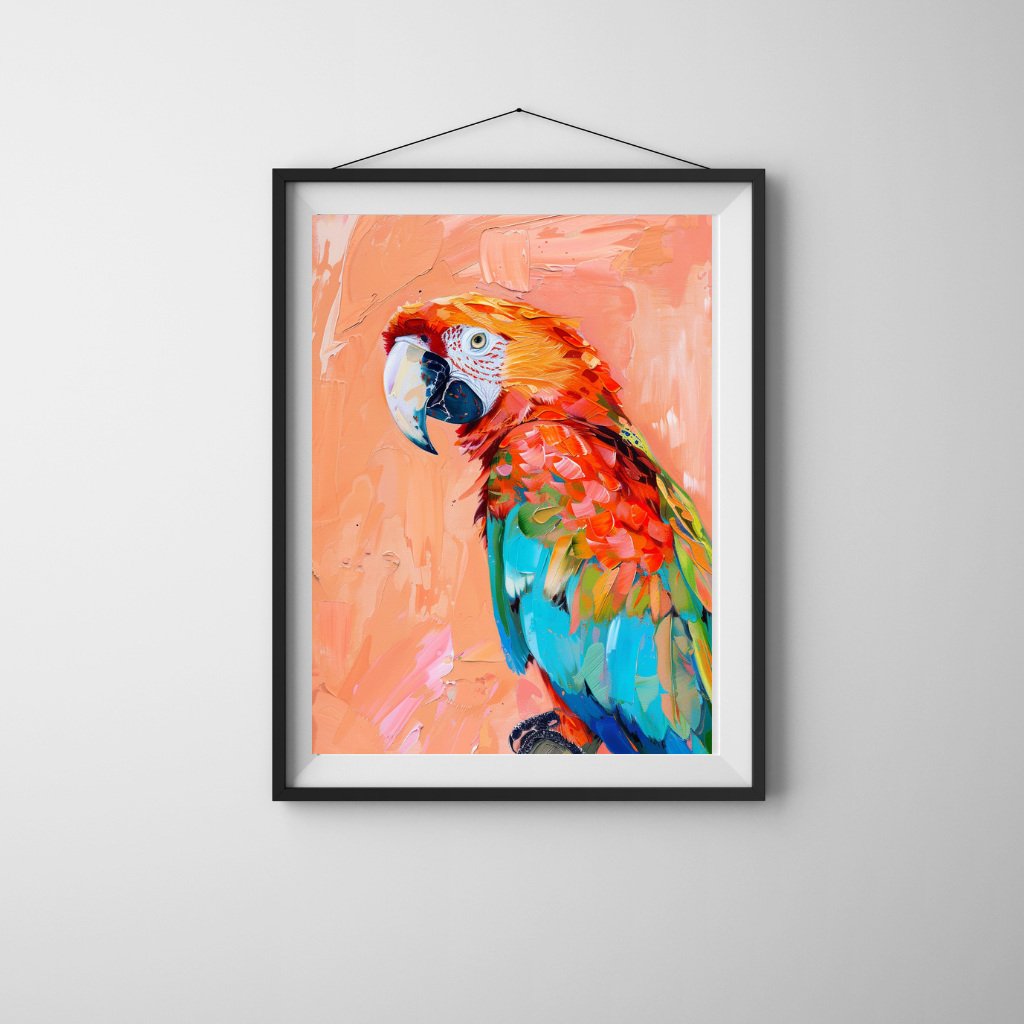 Parrot in Peach - Colorful Bird Portrait on Warm Pastel Background