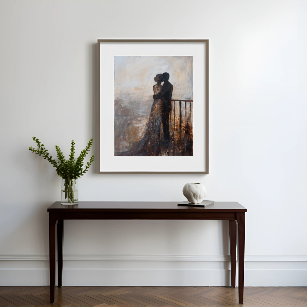 Quiet Embrace at Dusk – Romantic Silhouette Painting in Warm Neutrals