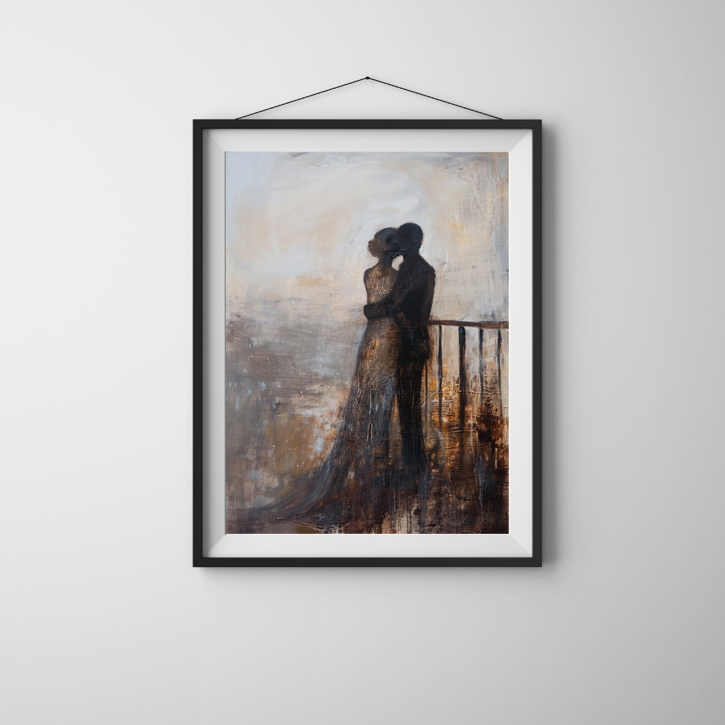 Quiet Embrace at Dusk – Romantic Silhouette Painting in Warm Neutrals