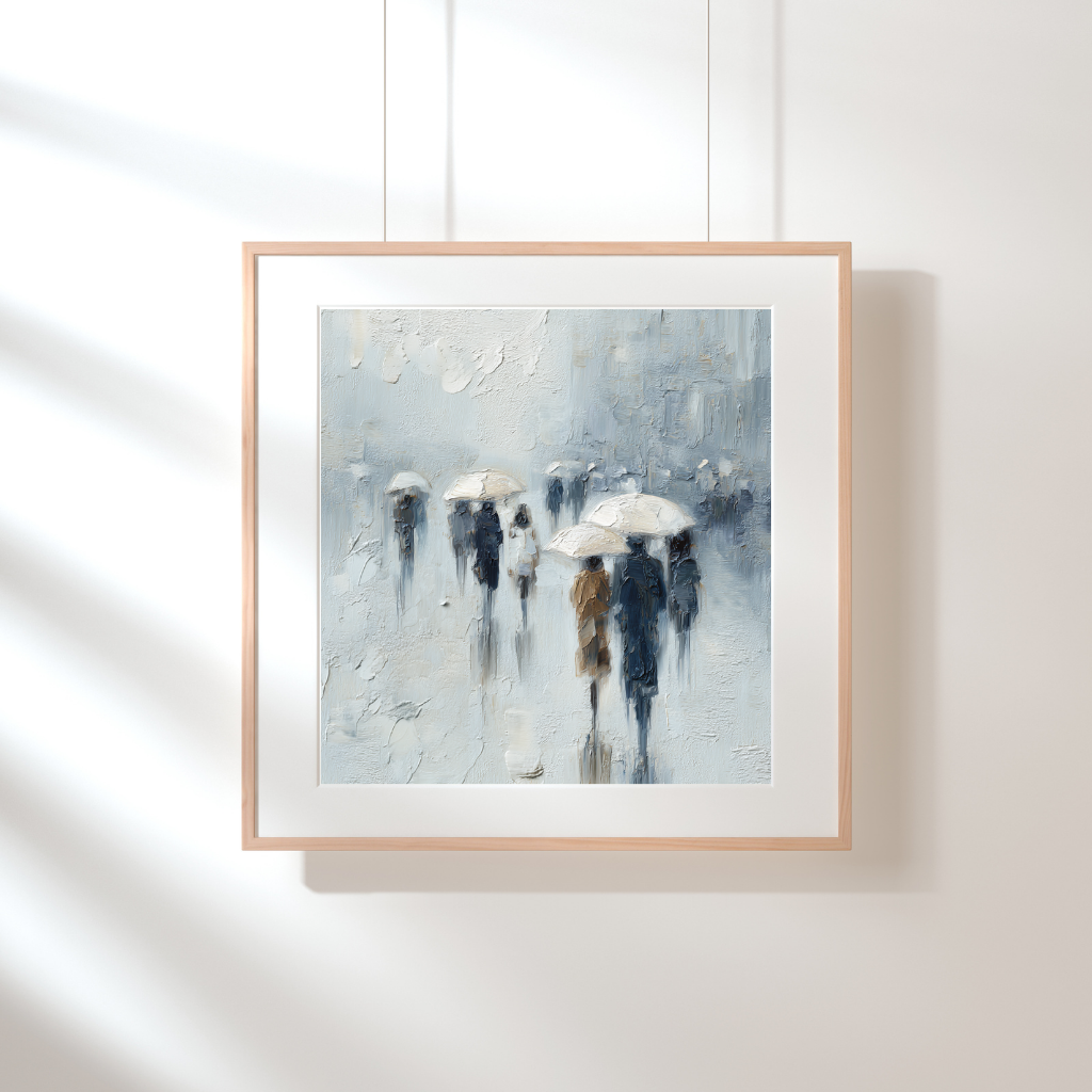 Rainwalkers in Soft Blue – Minimalist City Scene with Umbrellas