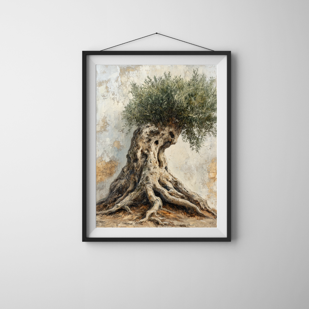 Roots of Renewal - Olive Tree Trunk with Fresh Leaves Abstract