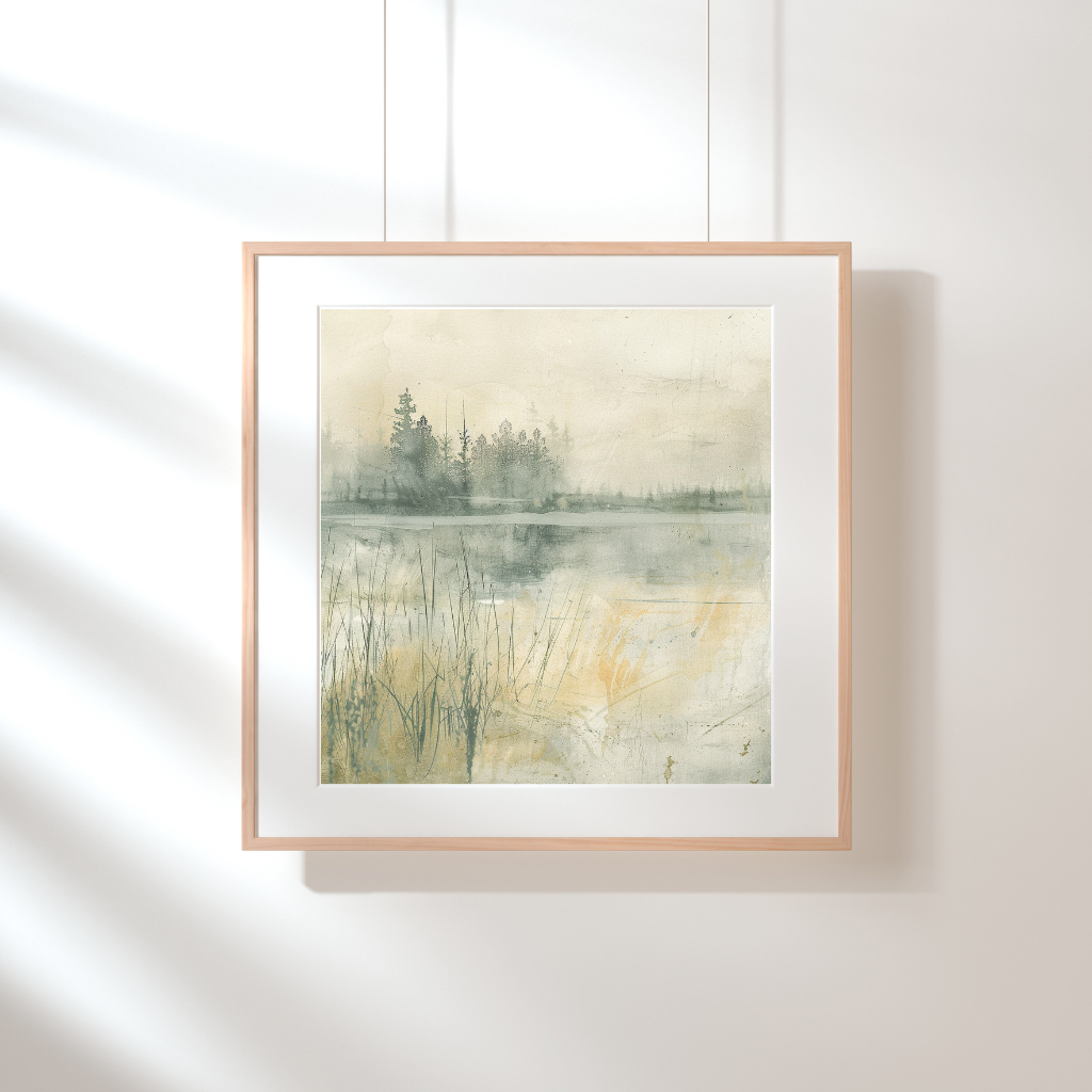 Still Morning – Misty Forest and Lakeside Grassland in Soft Neutrals