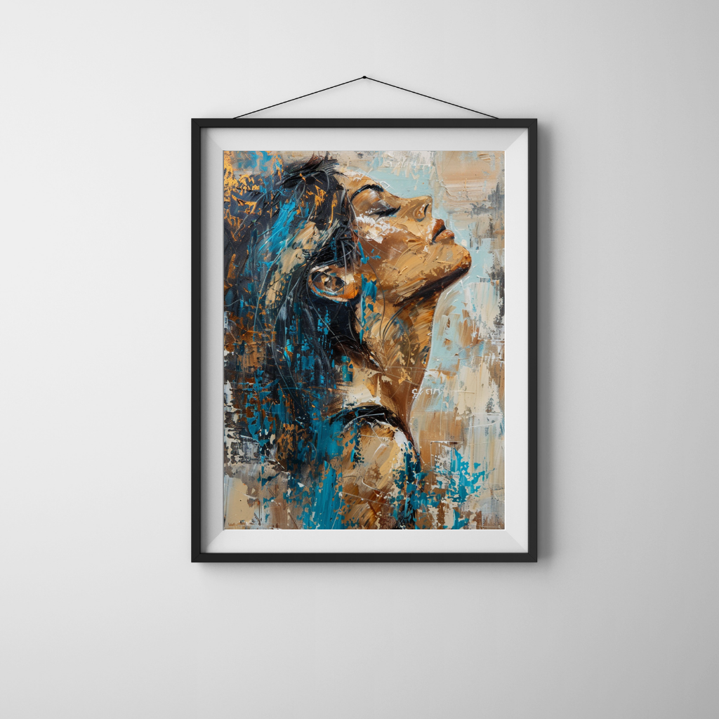 Surrender to Light - Expressive Female Portrait in Turquoise and Gold