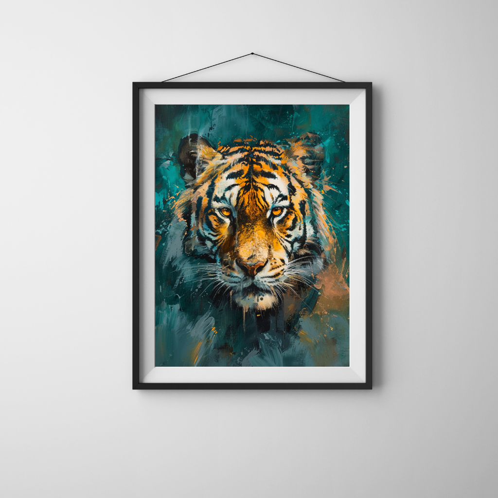 Tiger in Teal - Fierce Jungle Cat on Moody Blue-Green Background