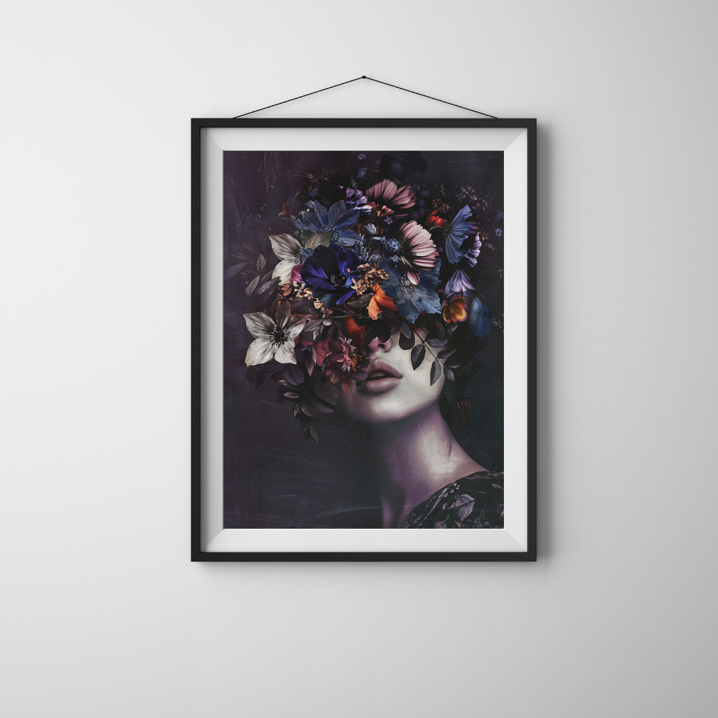 Wildflower Veil - Surreal Botanical Mask with Indigo and Mauve Tones