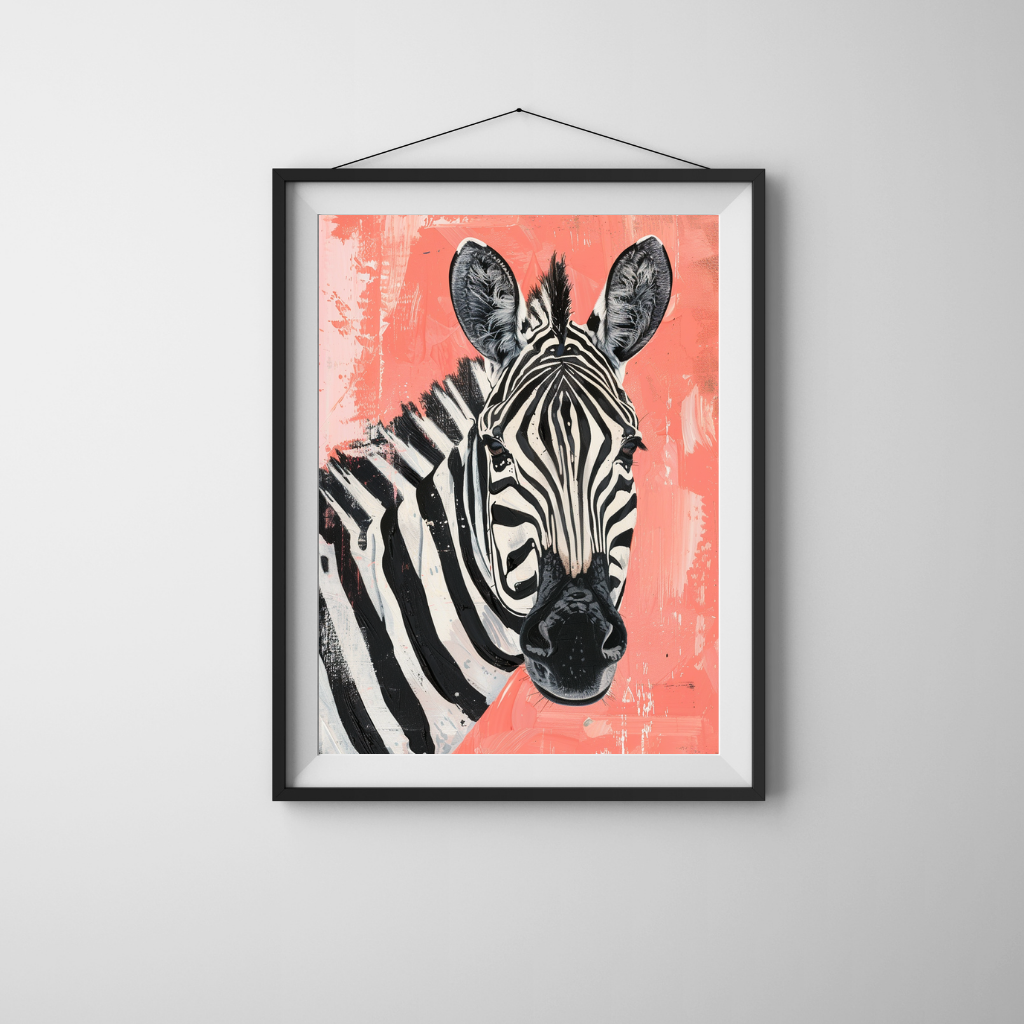 Zebra in Coral - Bold Black & White Animal Portrait on Coral
