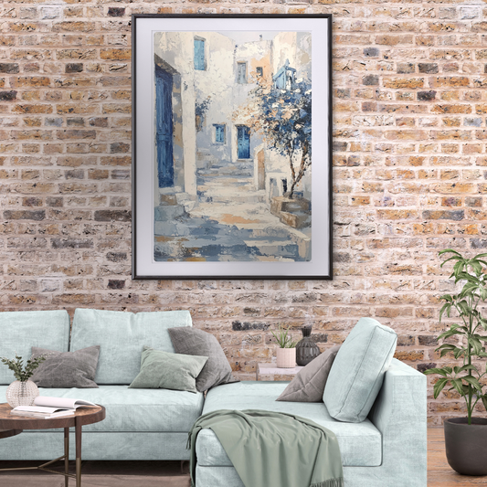 Aegean Stillness - Textured Coastal Village Abstract in White and Blue