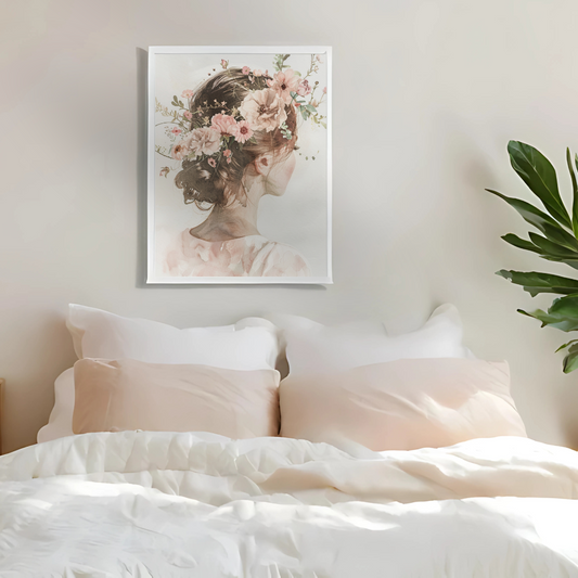 Blushed Serenity – Soft Watercolor Silhouette with Blooming Hair