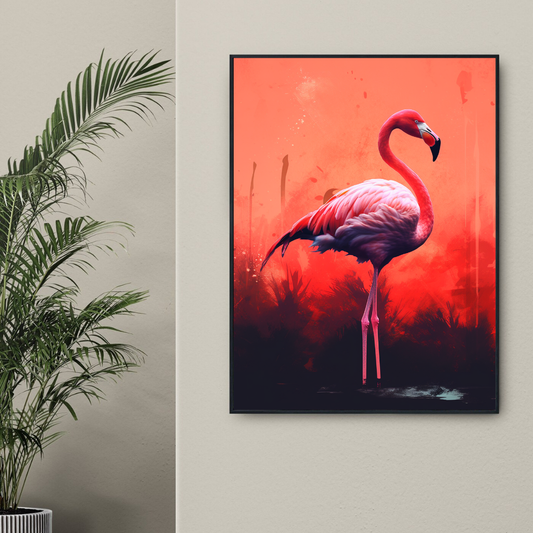 Crimson Stance - Bold Flamingo on Coral Red Gradient with Tropical Backdrop