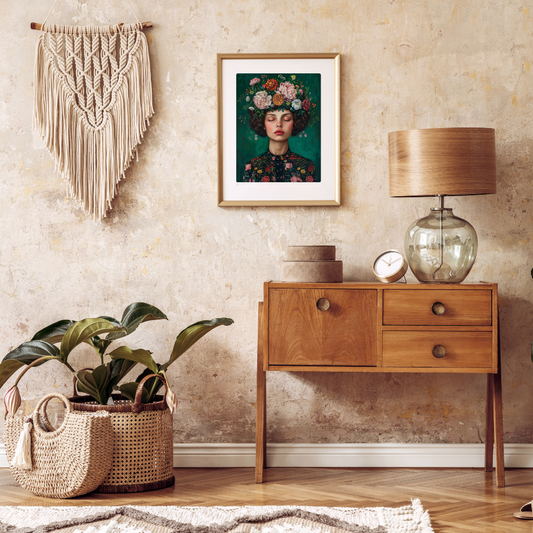 Crowned in Silence - Moody Oil Portrait with Cascading Peonies