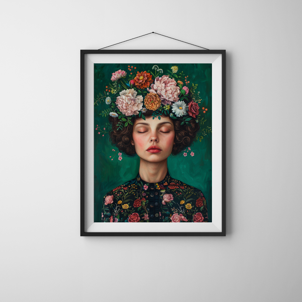 Crowned in Silence - Moody Oil Portrait with Cascading Peonies