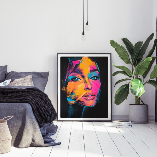Electric Muse - Neon Expressionist Portrait on Black Canvas