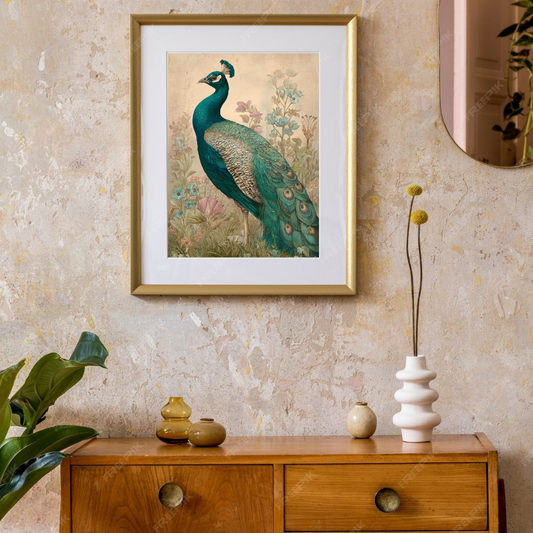 Garden Royalty - Vintage Peacock with Blooming Florals in Soft Earth Tones