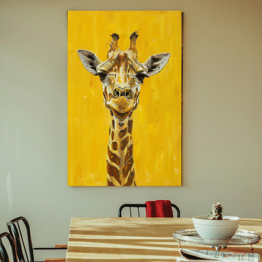 Giraffe in Mustard - Tall Animal Portrait with Warm Yellow Backdrop