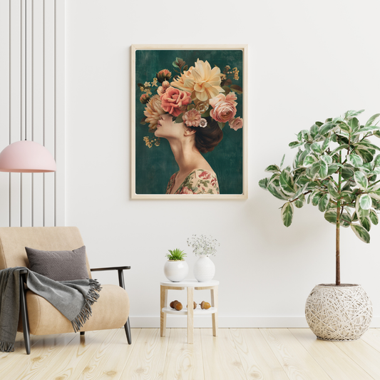 Golden Bloom - Elegant Woman with Blush & Gold Florals on Emerald