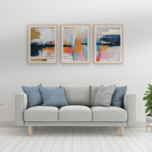 Golden Pulse Triptych - Vibrant Energy Flow Three-Panel Art Print