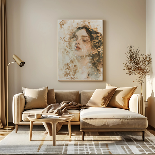 Golden Stillness - Feminine Portrait with Metallic Leaves and Neutral Texture
