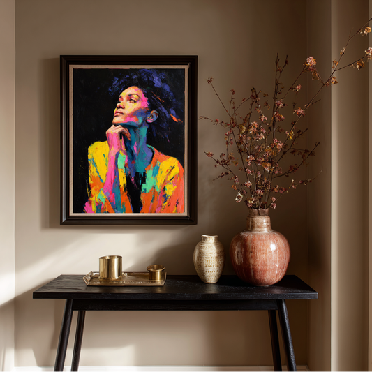 Inner Fire – Contemplative Neon Portrait on Black Canvas
