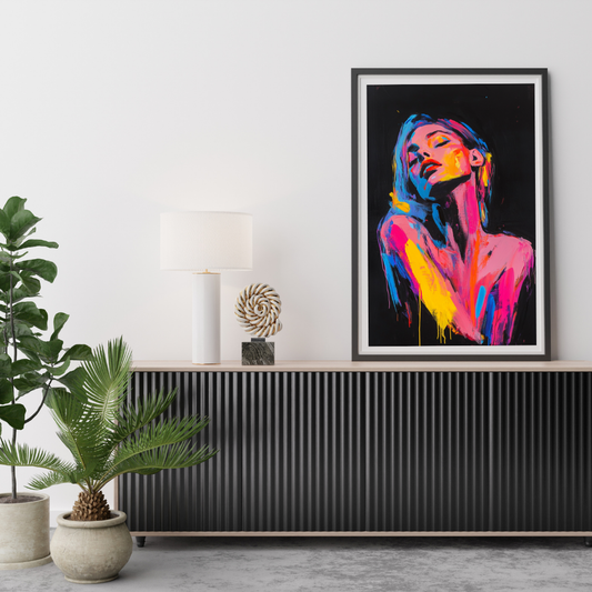 Radiant Force - Neon Female Portrait with Confident Full-Torso Gaze