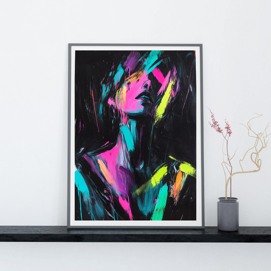 Neon Pulse - Abstract Woman with Torso in Magenta, Cyan, and Lime Brush Strokes