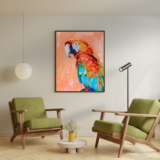 Parrot in Peach - Colorful Bird Portrait on Warm Pastel Background