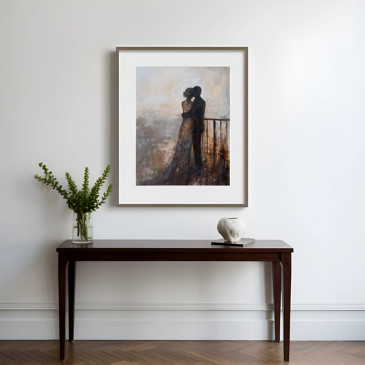 Quiet Embrace at Dusk – Romantic Silhouette Painting in Warm Neutrals