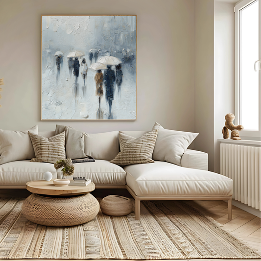 Rainwalkers in Soft Blue – Minimalist City Scene with Umbrellas