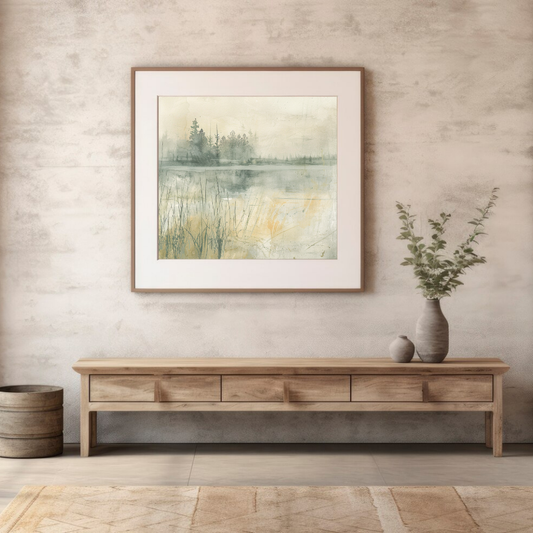 Still Morning – Misty Forest and Lakeside Grassland in Soft Neutrals
