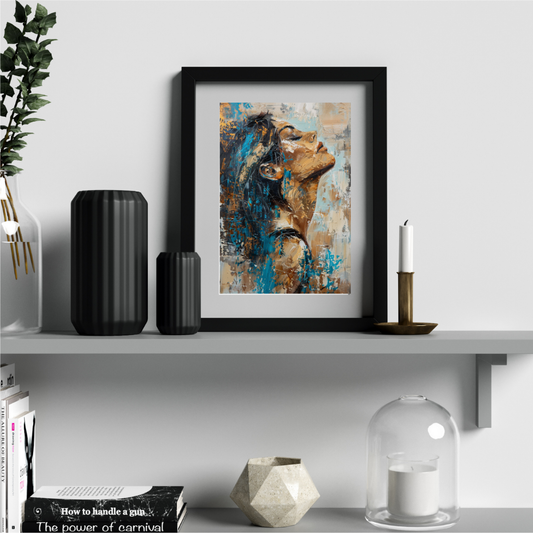 Surrender to Light - Expressive Female Portrait in Turquoise and Gold