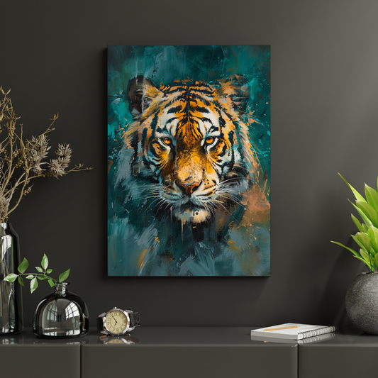 Tiger in Teal - Fierce Jungle Cat on Moody Blue-Green Background